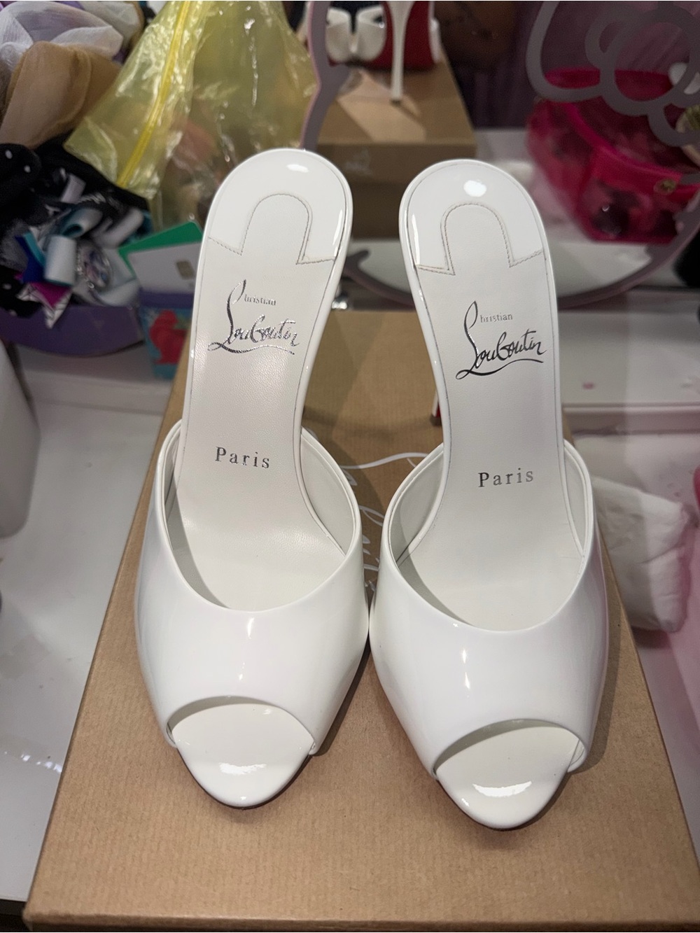Christian Louboutin White Patent Peep-Toe Mules